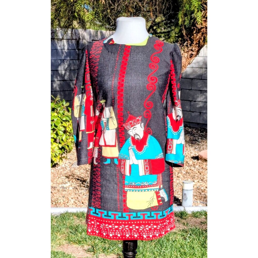 VTG Japanese Asian Print 1970's Floral Zipper Back Petite XS/S Cotton Dress EUC